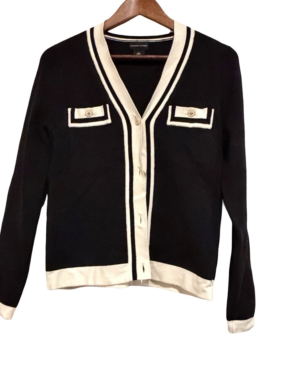 Adrienne Vittadini Black and Cream Contrast Trim V-Neck Cardigan